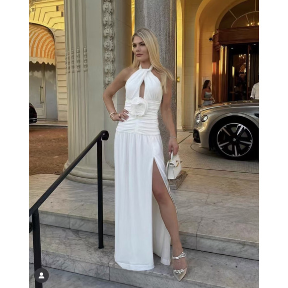 Rebecca Vallance White Floral Guinevere Halter Gown Maxi US 6 - Picture 1 of 11